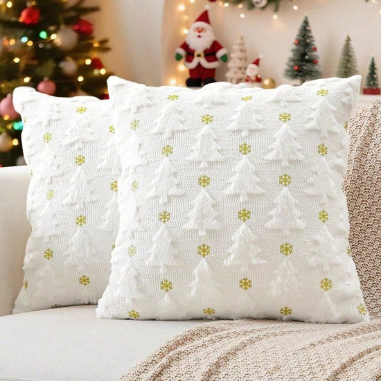 White Christmas Tree Snowflower Pillow Covers 2 Packs - Soft Faux Fur Jacquard Throw Cushion Covers 45 x 45cm