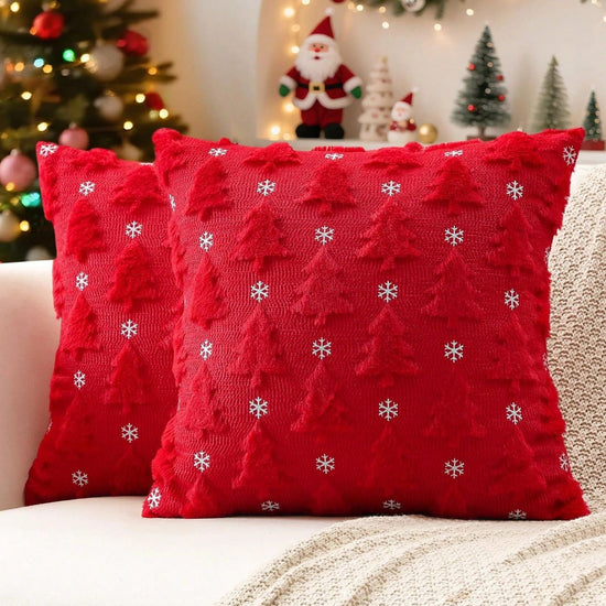 Red Christmas Tree Snowflower Pillow Covers 2 Packs - Soft Faux Fur Jacquard Throw Cushion Covers 45 x 45cm