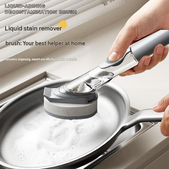 Grey Long Handle Liquid Dispensing Dish Brush（1 brush head+1 sponge brush head） - TPR and PP Construction - Press Button Soap Release,  Non Slip Grip, Kitchen Pot Pan Sink Cleaning Tool
