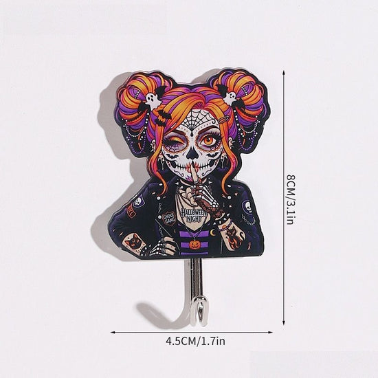 10-pack Halloween Themed Acrylic Wall Hooks（Orange-haired girl pattern） - Self Adhesive Iron Art Hanger for Keys Bags, Spooky Pumpkin Decor for Entryway and Party