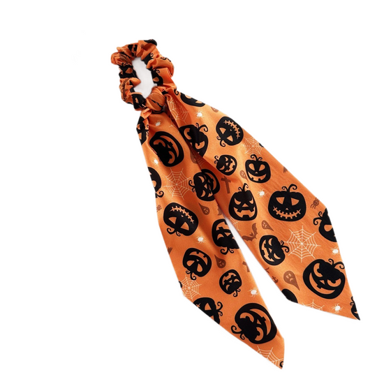 Orange Halloween Hair Ties 3 Pack - Festive Pumpkin and Ghost Print Ribbon Scrunchies, Polyester Bow Hair Accessories for Costume Parties, Trick or Treat, and Spooky Event Styling