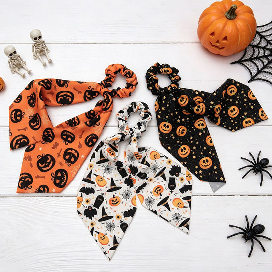 Orange Halloween Hair Ties 3 Pack - Festive Pumpkin and Ghost Print Ribbon Scrunchies, Polyester Bow Hair Accessories for Costume Parties, Trick or Treat, and Spooky Event Styling