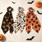 White Halloween Hair Ties 3 Pack - Festive Pumpkin and Ghost Print Ribbon Scrunchies, Polyester Bow Hair Accessories for Costume Parties, Trick or Treat, and Spooky Event Styling
