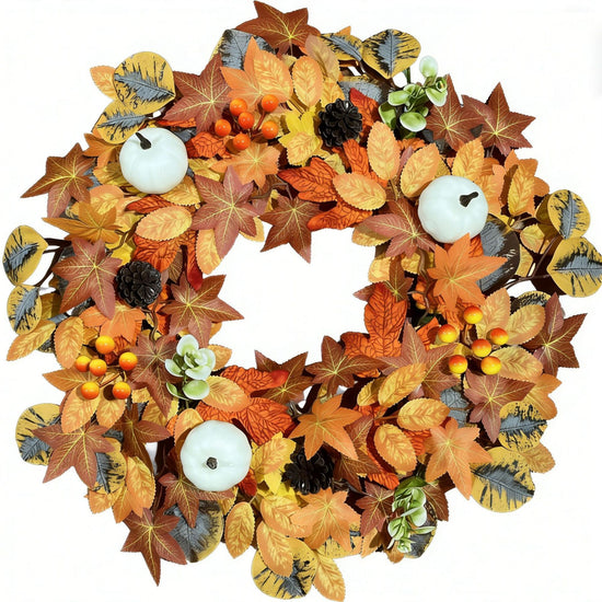 Christmas decorative wreath—45 cm in diameter, adorned with white pumpkins, pinecones, and maple leaves（Artificial flowers）; perfect forChristmas, Thanksgiving and Halloween home decor, and an excellent choice for welcoming guests