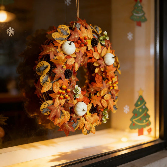 Christmas decorative wreath—45 cm in diameter, adorned with white pumpkins, pinecones, and maple leaves（Artificial flowers）; perfect forChristmas, Thanksgiving and Halloween home decor, and an excellent choice for welcoming guests
