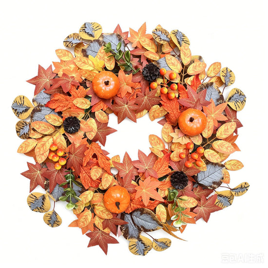 Christmas decorative wreath—45 cm in diameter, adorned with Yellow pumpkins, pinecones, and maple leaves（Artificial flowers）; perfect forChristmas, Thanksgiving and Halloween home decor, and an excellent choice for welcoming guests