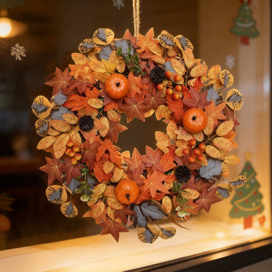 Christmas decorative wreath—45 cm in diameter, adorned with Yellow pumpkins, pinecones, and maple leaves（Artificial flowers）; perfect forChristmas, Thanksgiving and Halloween home decor, and an excellent choice for welcoming guests