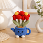 Handmade Crochet Flower Pot - Blue Watering Can Planter with Cute Flowers and Leaves, Knitted Artificial Floral Ornament for Home Office Desk Decor and Gift