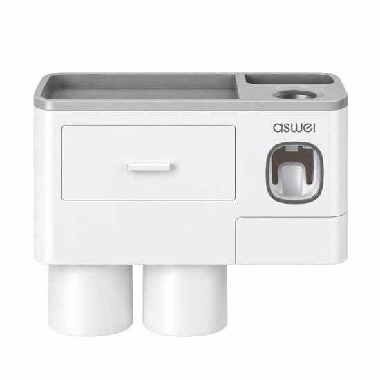 Gray Wall-Mounted Bathroom Organizer with Automatic Toothpaste Dispenser - Includes 2 Magnetic Rinse Cups, Storage Drawer & Toothbrush Holder