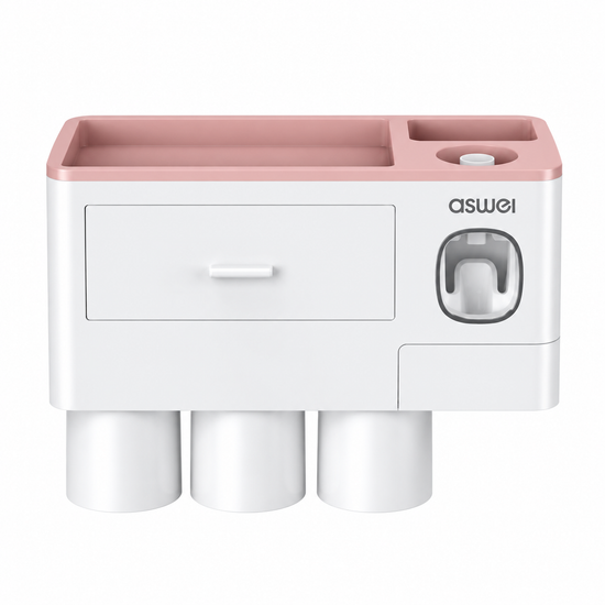 Pink Wall-Mounted Bathroom Organizer with 3 Magnetic Cups - Automatic Toothpaste Dispenser, No-Drill Storage Rack for Families
