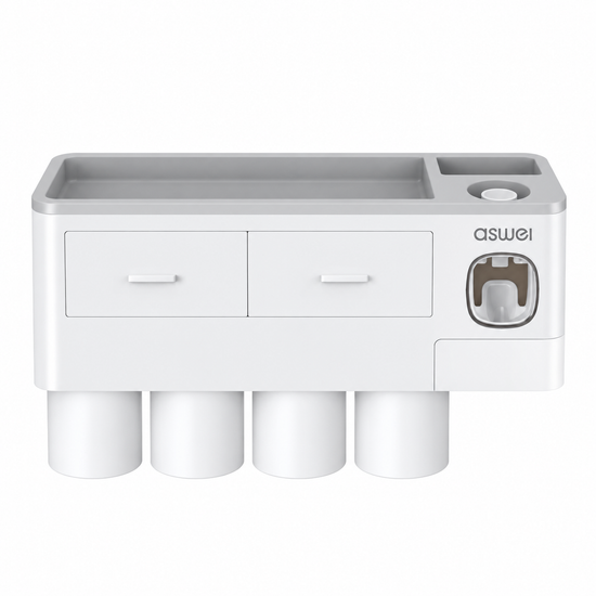 Gray Wall-Mounted Bathroom Organizer with 4 Magnetic Cups - Automatic Toothpaste Dispenser, No-Drill Wall Shelf for Families