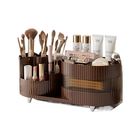 Rotating cosmetics storage box with three layers of milk tea brown