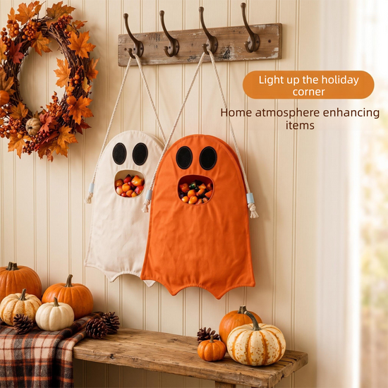 Orange Halloween Trick or Treat Bag - Ghost Shaped Canvas Crossbody Tote - Reusable Gift Sack for Party Favors and Seasonal Home Decoration