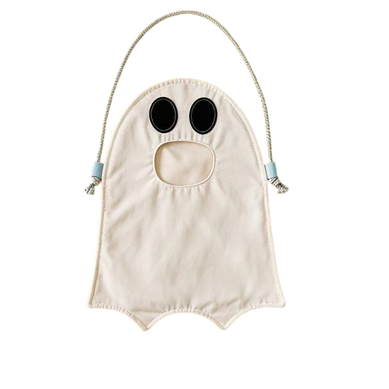 White Halloween Trick or Treat Bag - Ghost Shaped Canvas Crossbody Tote - Reusable Gift Sack for Party Favors and Seasonal Home Decoration
