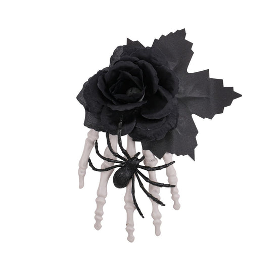 Halloween Skeleton Hand Hair Clip with Black Rose and Spider - Gothic Side Hair Barrette for Costume Parties, Cosplay, Vampire and Horror Dress Up
