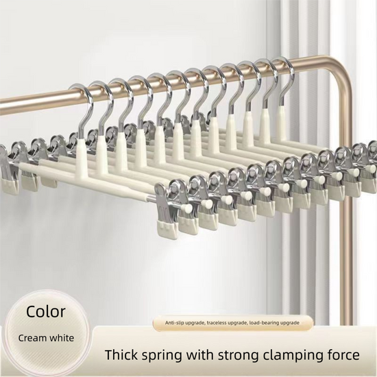 Creamy white Adjustable Pants Hangers 10 Pack - 31 cm Metal Clip Hangers with Non Slip Soft Grip Clips, Space Saving Wardrobe Organisers for Trousers, Skirts and Shorts