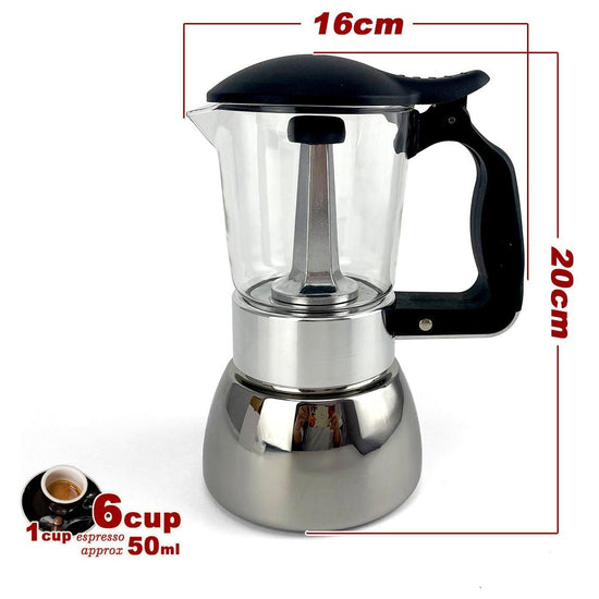 Borosilicate Glass Stainless Steel Moka Pot Coffee Maker Italian Espresso 6Cups
