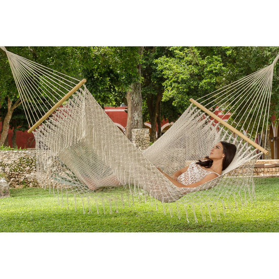 Mayan Legacy Queen Size Outdoor Cotton Mexican Resort Hammock With Fringe in Cream Colour