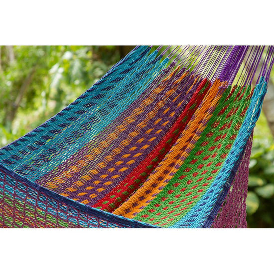 Outdoor undercover cotton Mayan Legacy hammock with hand crocheted tassels King Size Colorina