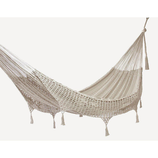 Outdoor undercover cotton Mayan Legacy hammock with hand crocheted tassels King Size Marble