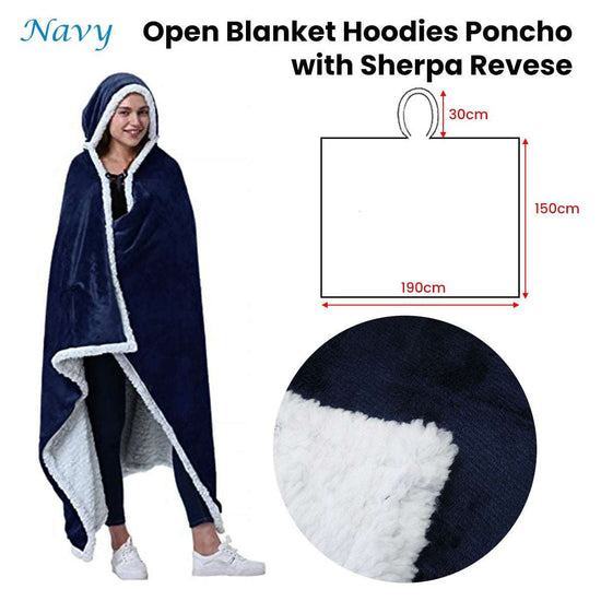 Adult Men Women Open Blanket Hoodie Poncho with Sherpa Fleece Reverse Navy