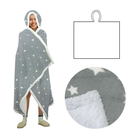 Adult Men Women Open Blanket Hoodie Poncho with Sherpa Fleece Reverse Silver Star