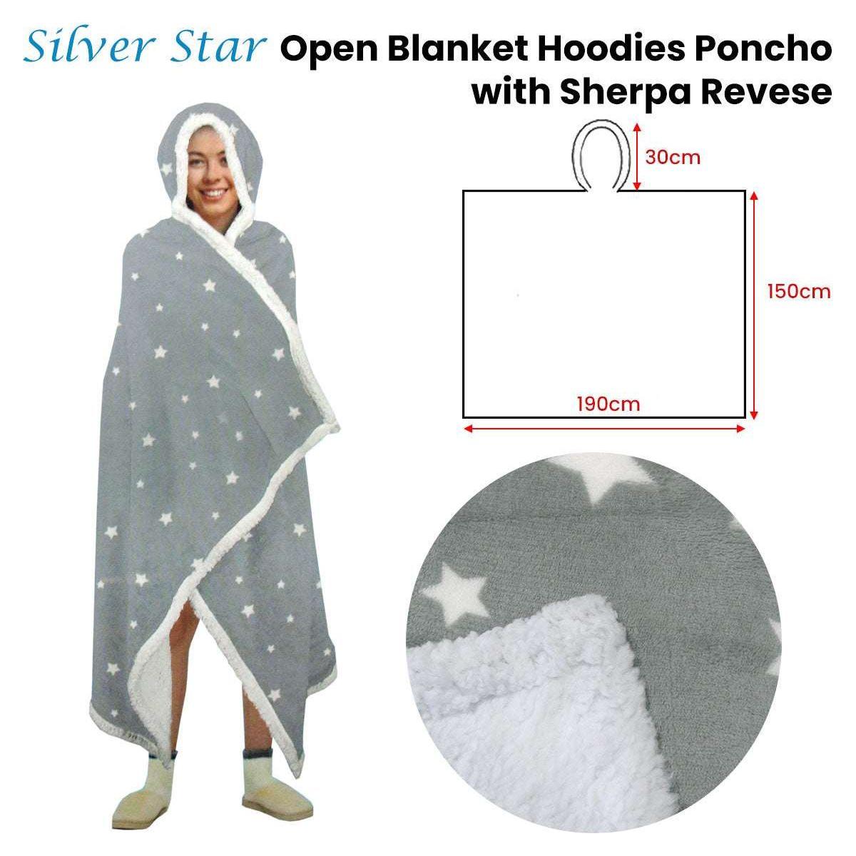 Adult Men Women Open Blanket Hoodie Poncho with Sherpa Fleece Reverse Silver Star