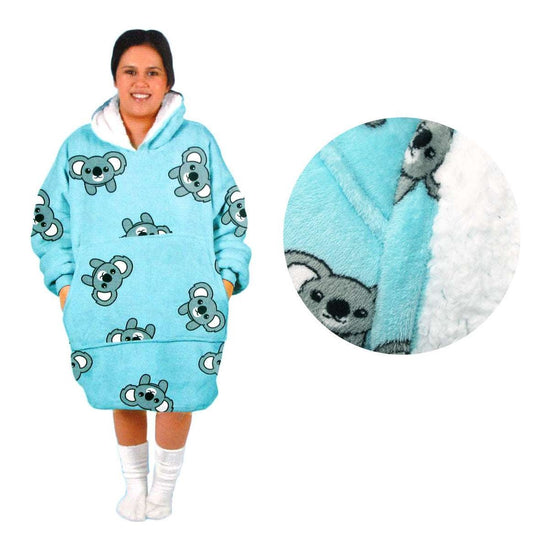 Adult Women Comfy Warm Blanket Hoodie with Sherpa Fleece Reverse Aqua Koala