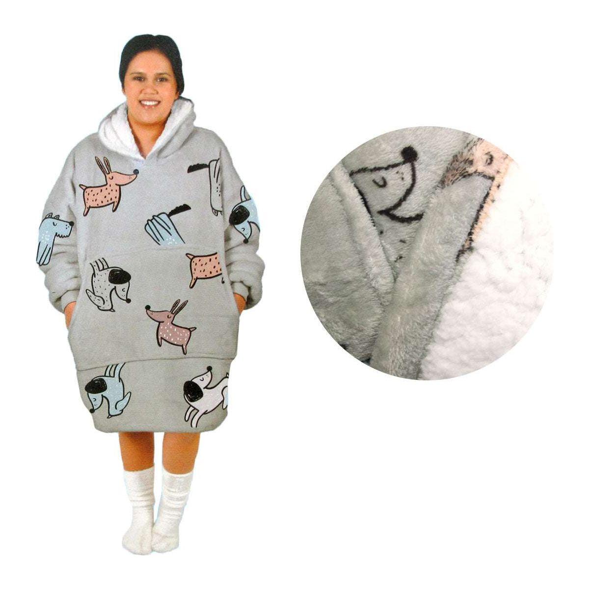 Adult Women Comfy Warm Blanket Hoodie with Sherpa Fleece Reverse Grey Dogs