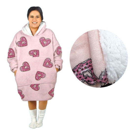 Adult Women Comfy Warm Blanket Hoodie with Sherpa Fleece Reverse Pink Hearts