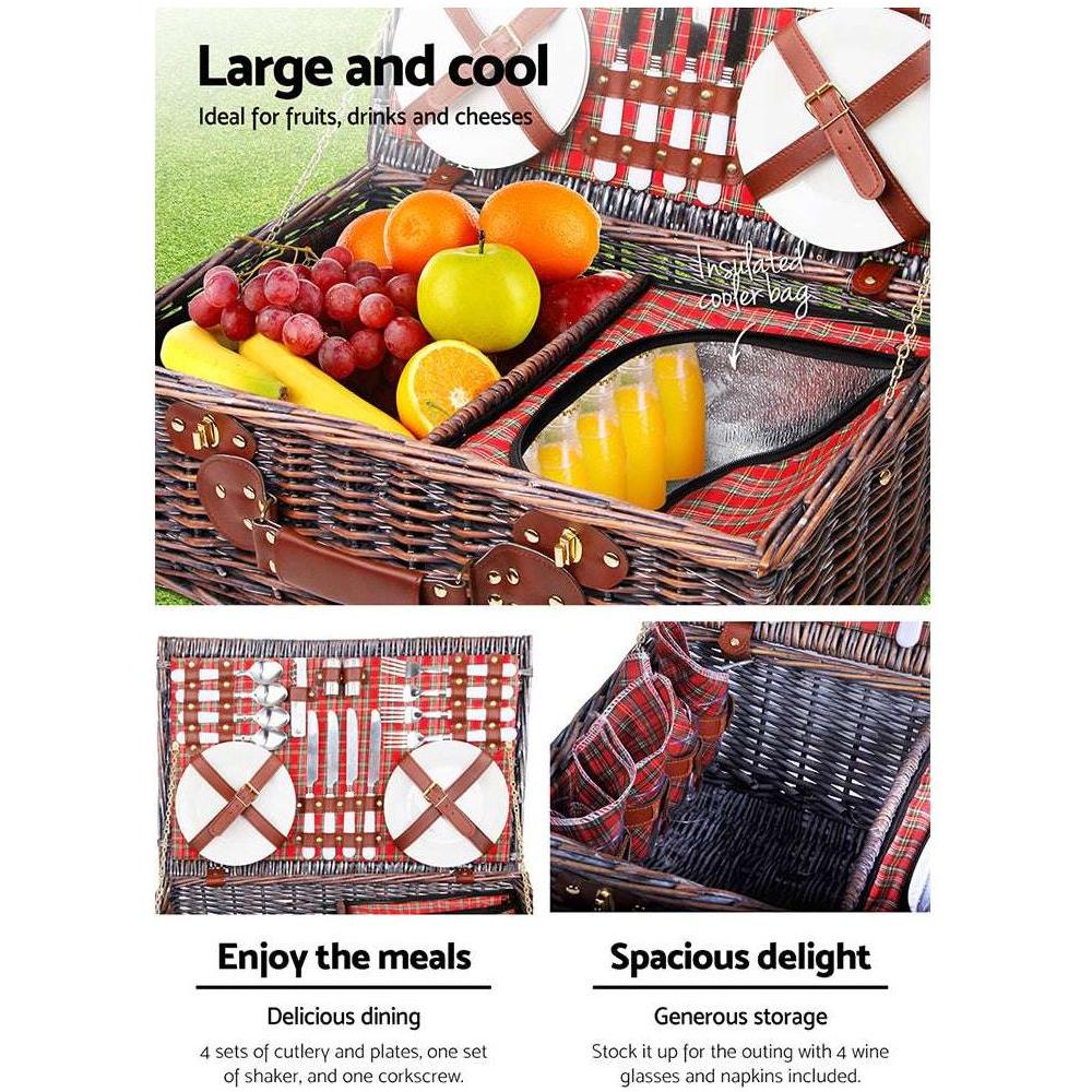 Alfresco 4 Person Picnic Basket Wicker Picnic Set Outdoor Insulated Blanket