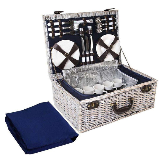 Alfresco 6 Person Picnic Basket Set Cooler Bag Wicker PU Fastening Straps Plates - Magdasmall