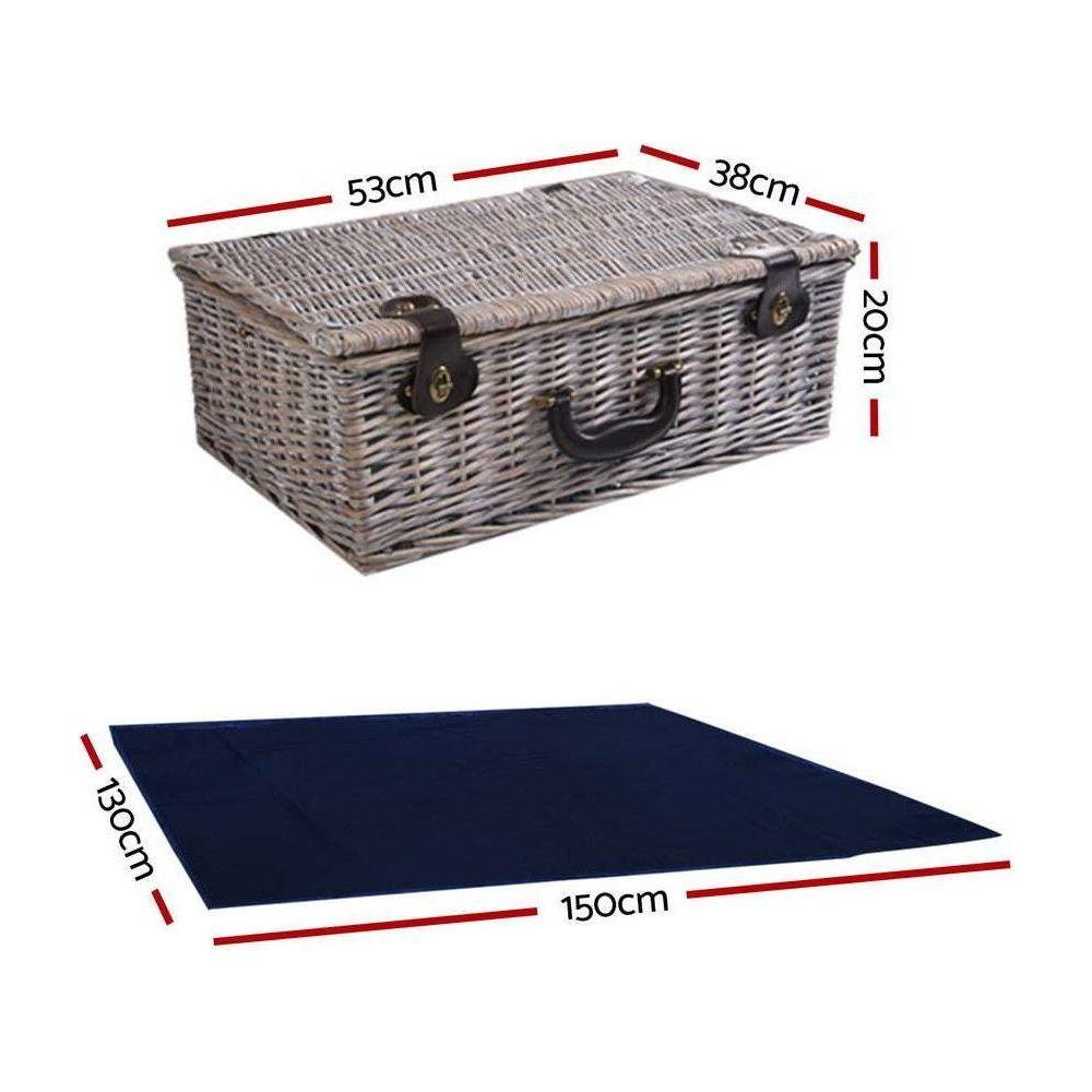 Alfresco 6 Person Picnic Basket Set Cooler Bag Wicker PU Fastening Straps Plates - Magdasmall