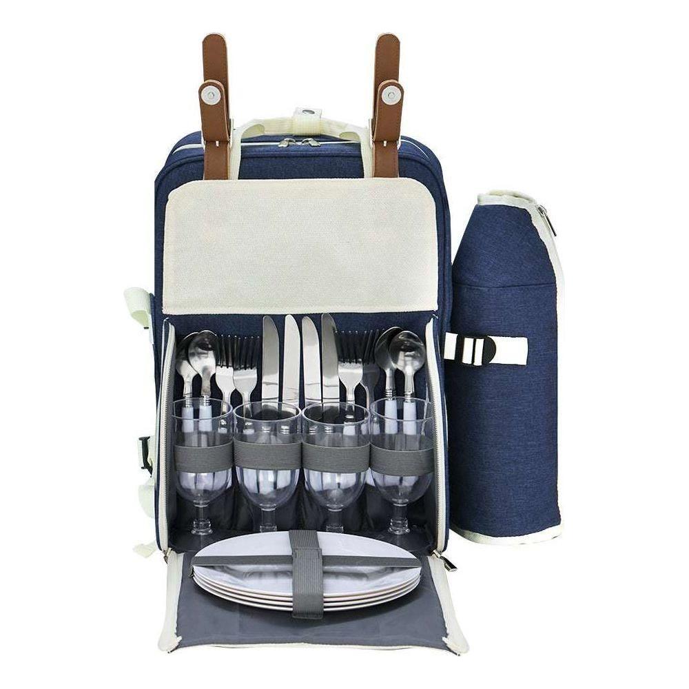 Alfresco Picnic Basket Backpack Set Cooler Bag 4 Person Outdoor Liquor Blue