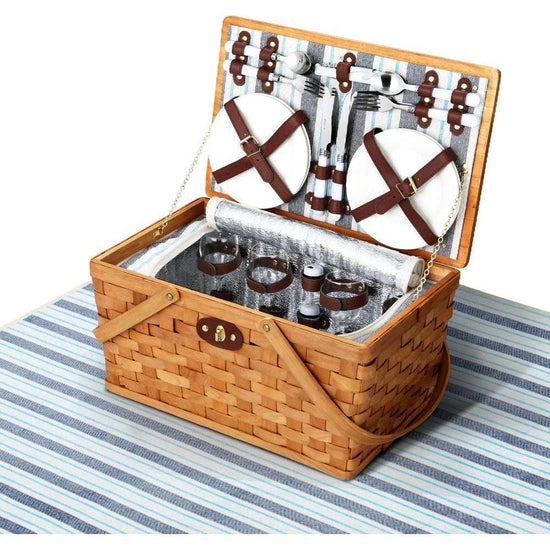 Alfresco Picnic Basket Set Wooden Cooler Bag 4 Person Outdoor Insulated Liquor