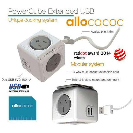 Allocacoc PowerCube Extended USB Powerboard 4-Outlets 2 USB Ports Grey-White 1.5m