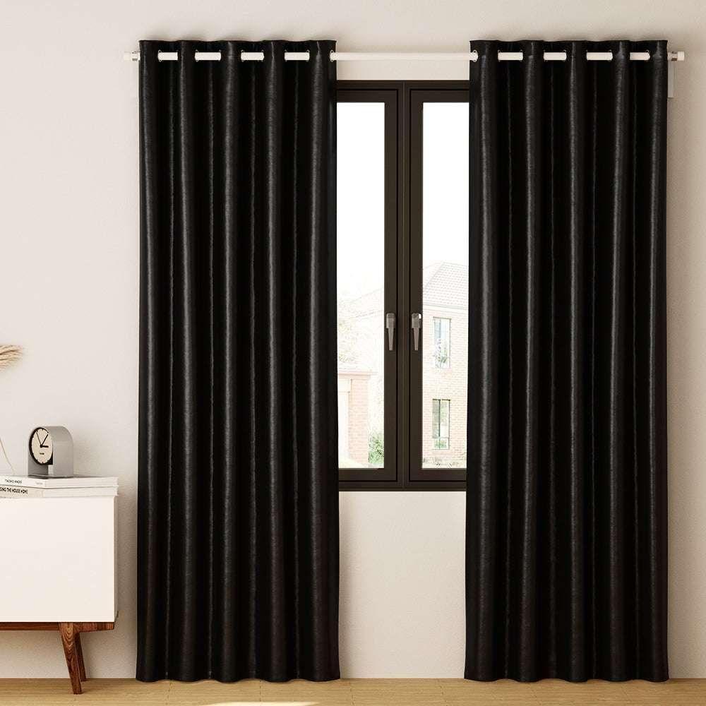 Artiss 2X Blockout Curtains Blackout Window Curtain Eyelet 140x230cm Black Shine - Magdasmall