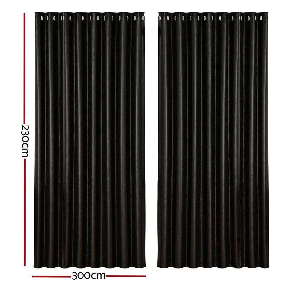 Artiss 2X Blockout Curtains Blackout Window Curtain Eyelet 300x230cm Black Shine - Magdasmall