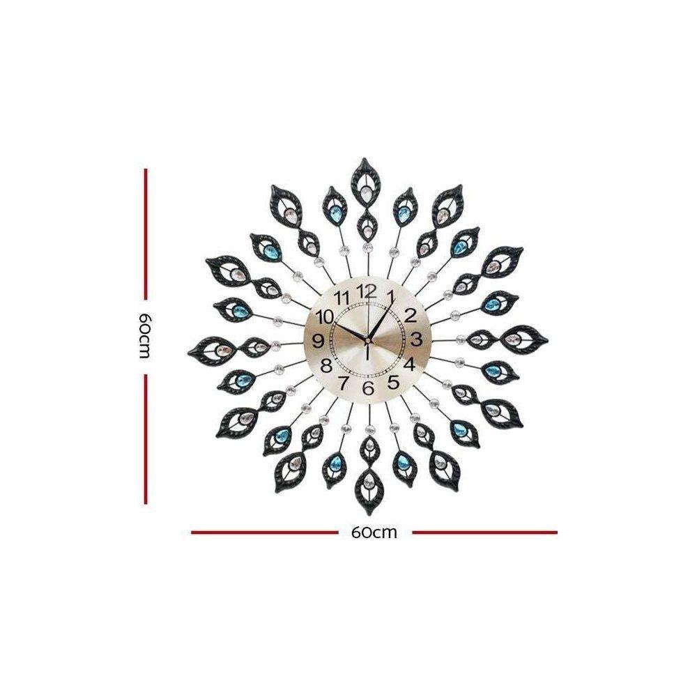 Artiss 60CM Peacock Wall Clock Large 3D Modern Crystal Luxury Round Wall Clocks Home Decor Black - Magdasmall