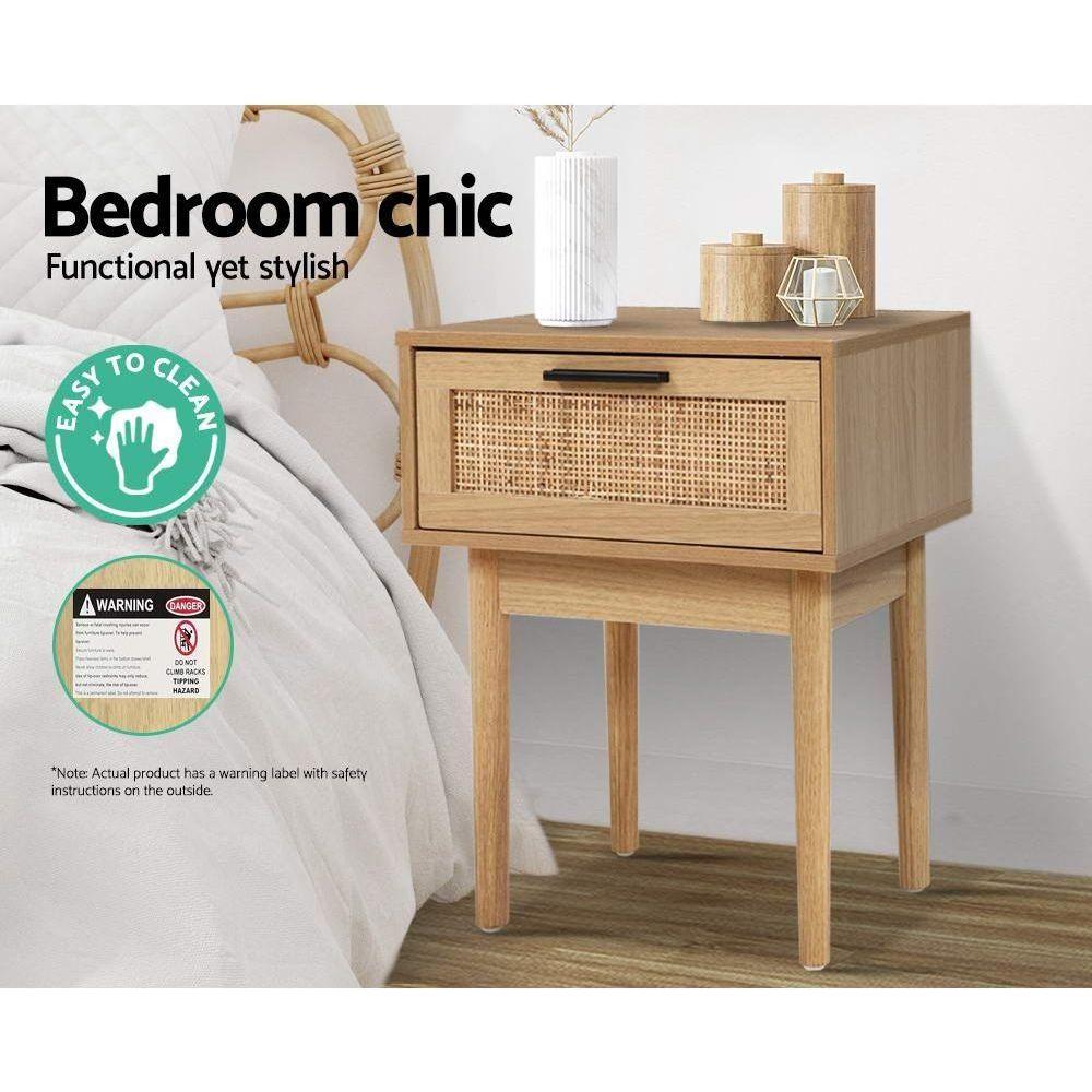 Artiss Bedside Tables Table 1 Drawer Storage Cabinet Rattan Wood Nightstand