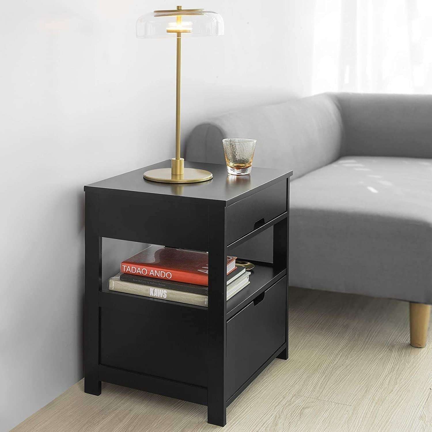 Black Bedside Table with 2 Drawers