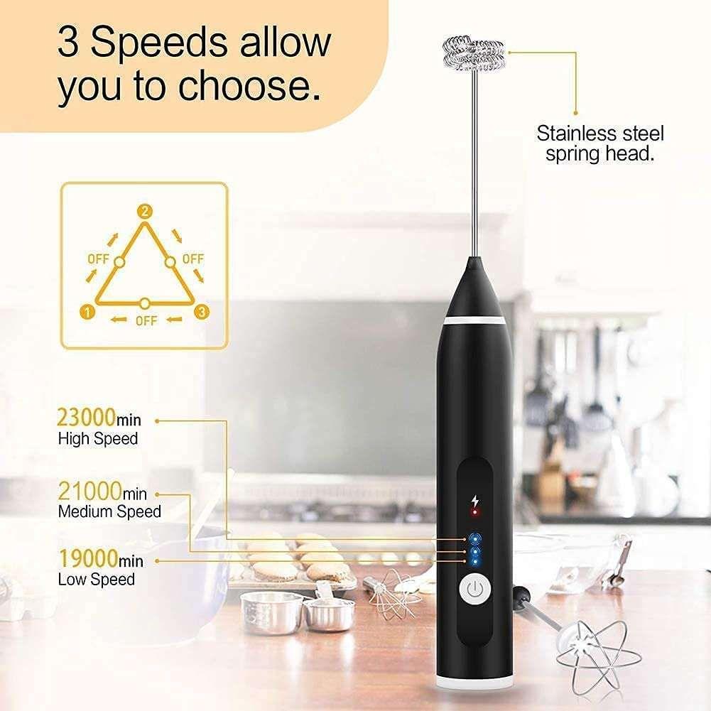 Black Rechargeable Electric Milk Frother Handheld (3 Speeds) - Magdasmall