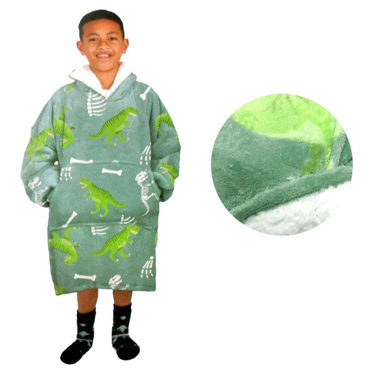 Blanket Hoodie with Sherpa Reverse Green Dinosaur - Magdasmall