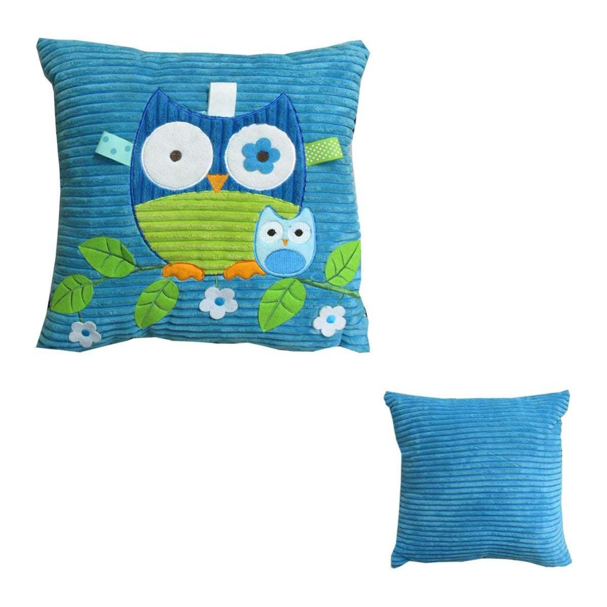 Blue Owl Embroidered Applique Square Cushion