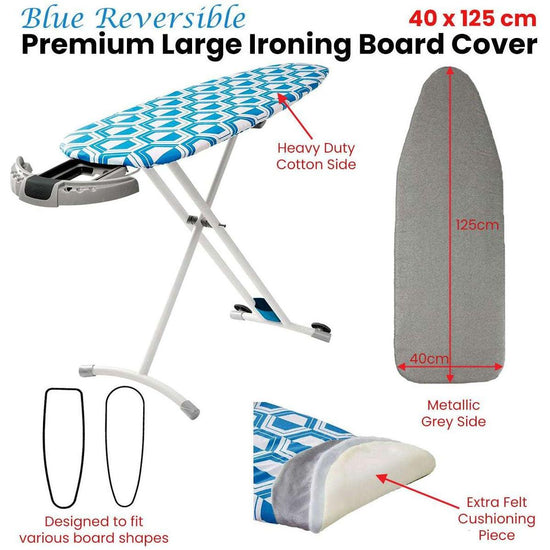 Blue Reversible Premium Large Ironing Board Cover with Underlay 40 x 125 cm