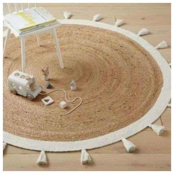 Bohemian Cream &amp; Natural Braided Jute Cotton Round Rug with Tassel 120 x 120 cm