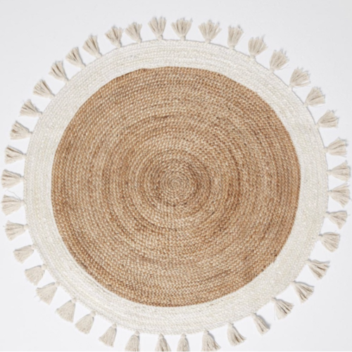 Bohemian Cream &amp; Natural Braided Jute Cotton Round Rug with Tassel 120 x 120 cm