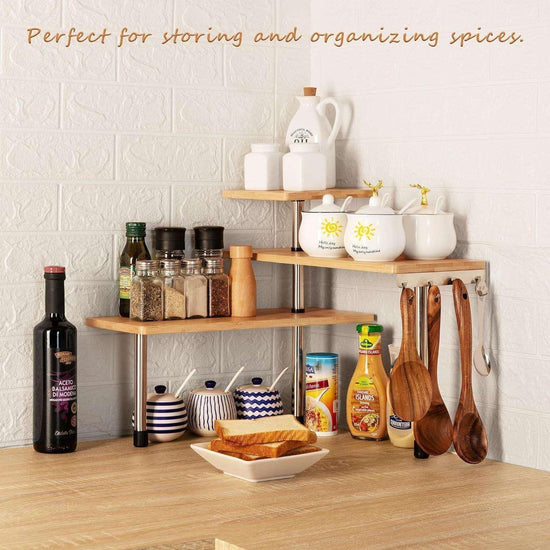 CARLA HOME 3 Tier Corner Shelf Kitchen Spice Rack Organiser with Hooks for Home Storage &amp; Organisation