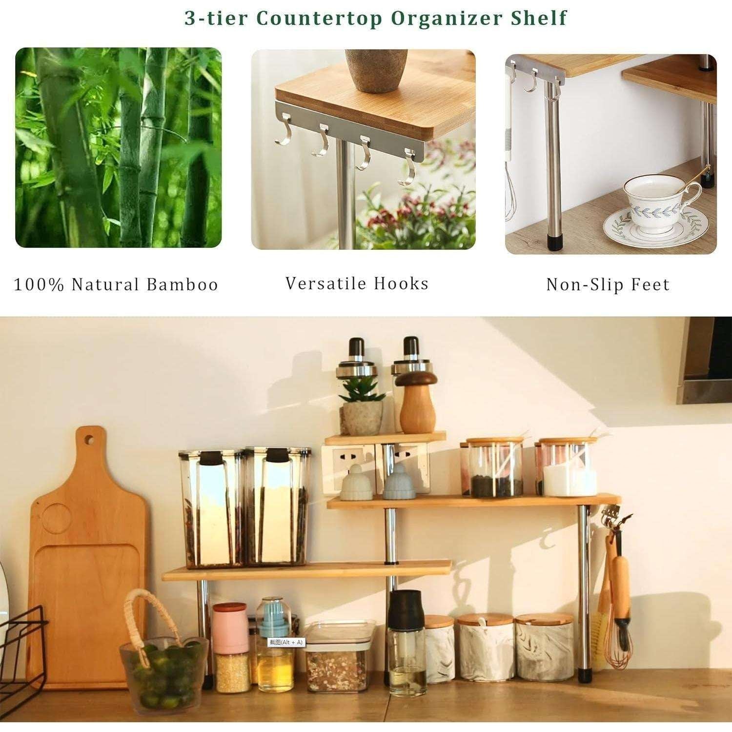 CARLA HOME 3 Tier Corner Shelf Kitchen Spice Rack Organiser with Hooks for Home Storage &amp; Organisation