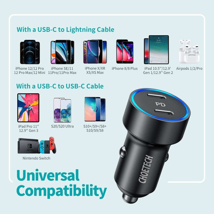 CHOETECH C0054 2-Port 40W USB-C Car Charger Adapter